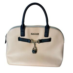 REACTION KENNETH COLE Peachy Cream Black Satchel Boston Bag Speedy Zipper Lock